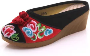 Qhome Women's Chinese Floral Embroidery Comfortable Linen Casual Mules Wedge Slippers Shoes