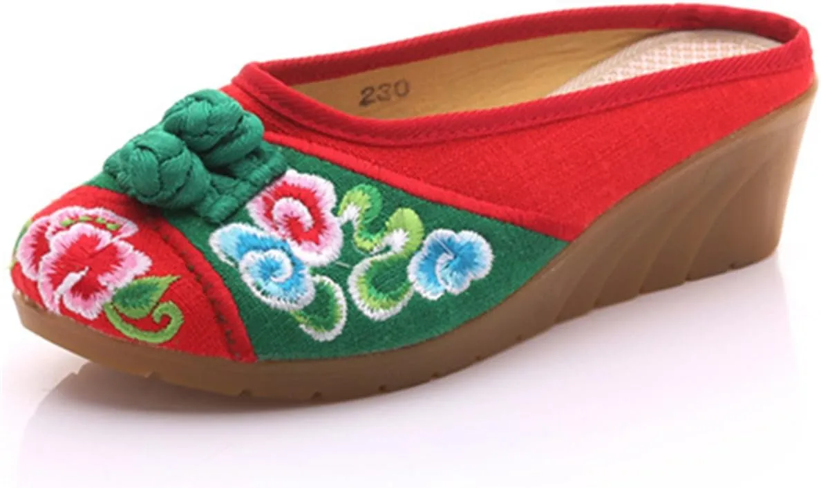 Qhome Women's Chinese Floral Embroidery Comfortable Linen Casual Mules Wedge Slippers Shoes