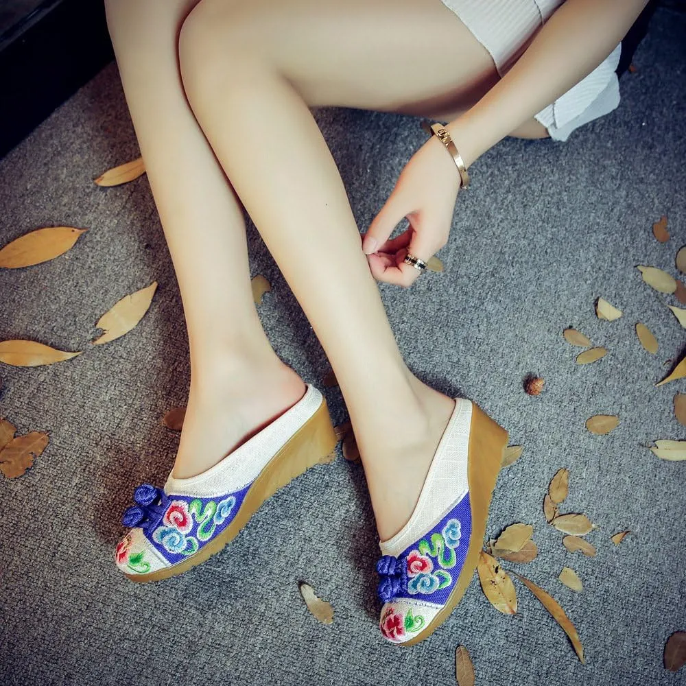 Qhome Women's Chinese Floral Embroidery Comfortable Linen Casual Mules Wedge Slippers Shoes