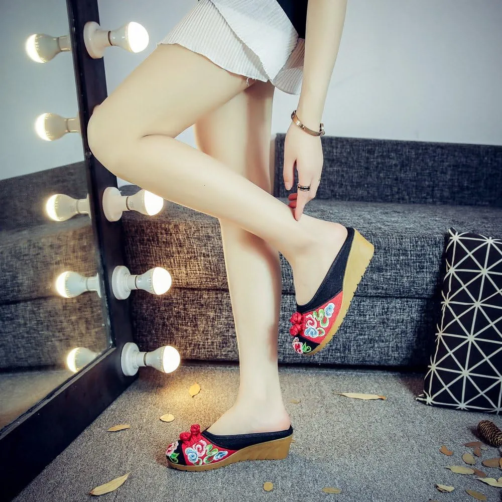 Qhome Women's Chinese Floral Embroidery Comfortable Linen Casual Mules Wedge Slippers Shoes
