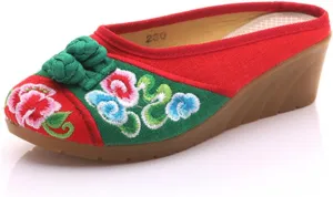 Qhome Women's Chinese Floral Embroidery Comfortable Linen Casual Mules Wedge Slippers Shoes
