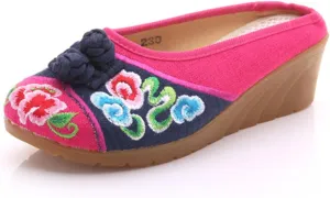 Qhome Women's Chinese Floral Embroidery Comfortable Linen Casual Mules Wedge Slippers Shoes