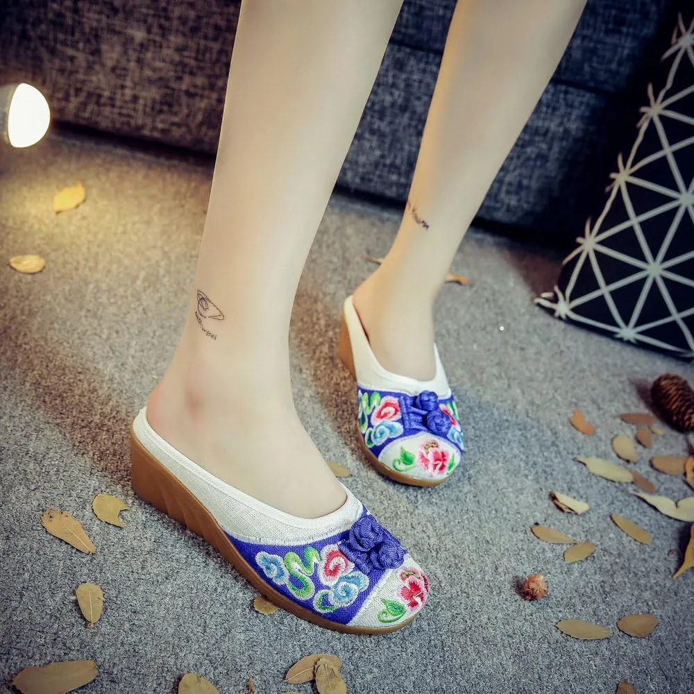 Qhome Women's Chinese Floral Embroidery Comfortable Linen Casual Mules Wedge Slippers Shoes