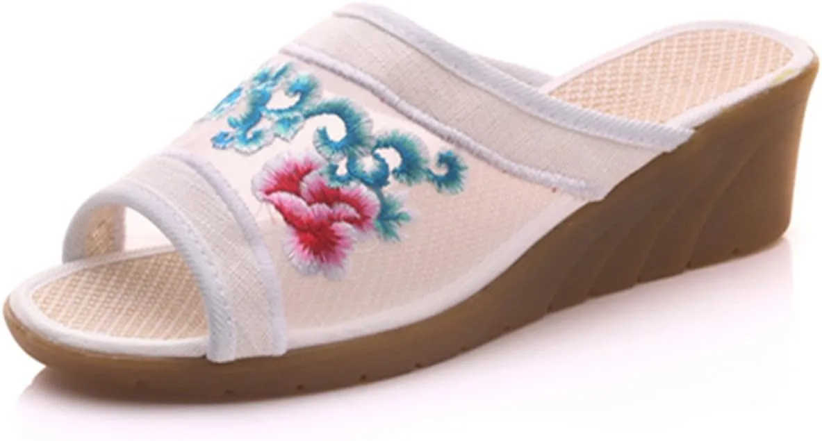 Qhome Women's Chinese Floral Embroidery Comfortable Net Yarn Casual Mules Wedge Slippers Shoes