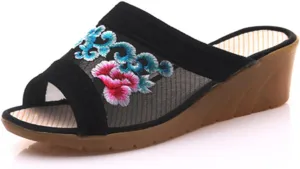 Qhome Women's Chinese Floral Embroidery Comfortable Net Yarn Casual Mules Wedge Slippers Shoes