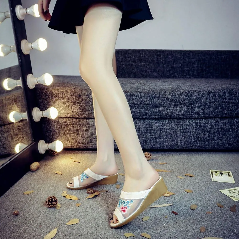 Qhome Women's Chinese Floral Embroidery Comfortable Net Yarn Casual Mules Wedge Slippers Shoes