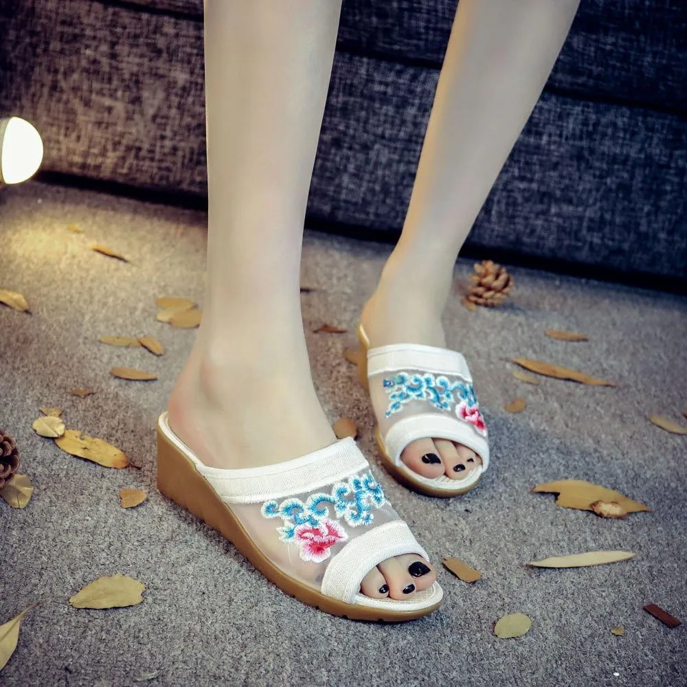 Qhome Women's Chinese Floral Embroidery Comfortable Net Yarn Casual Mules Wedge Slippers Shoes