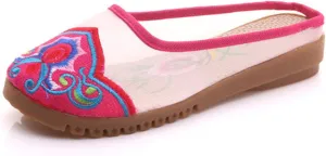 Qhome Women's Chinese Floral Embroidery Net Yarn Silk Comfortable Casual Mules Slippers Shoes
