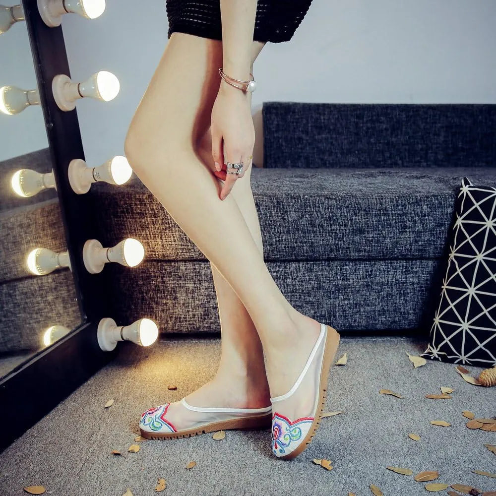 Qhome Women's Chinese Floral Embroidery Net Yarn Silk Comfortable Casual Mules Slippers Shoes