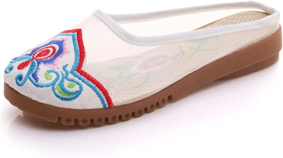 Qhome Women's Chinese Floral Embroidery Net Yarn Silk Comfortable Casual Mules Slippers Shoes
