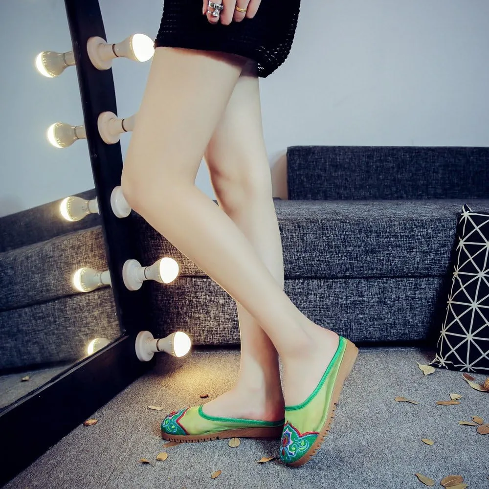 Qhome Women's Chinese Floral Embroidery Net Yarn Silk Comfortable Casual Mules Slippers Shoes