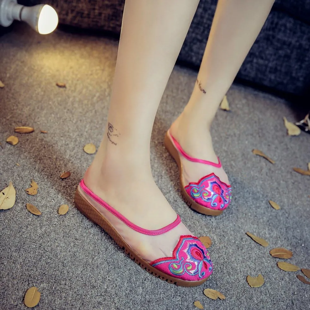 Qhome Women's Chinese Floral Embroidery Net Yarn Silk Comfortable Casual Mules Slippers Shoes