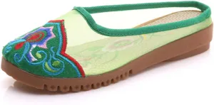 Qhome Women's Chinese Floral Embroidery Net Yarn Silk Comfortable Casual Mules Slippers Shoes