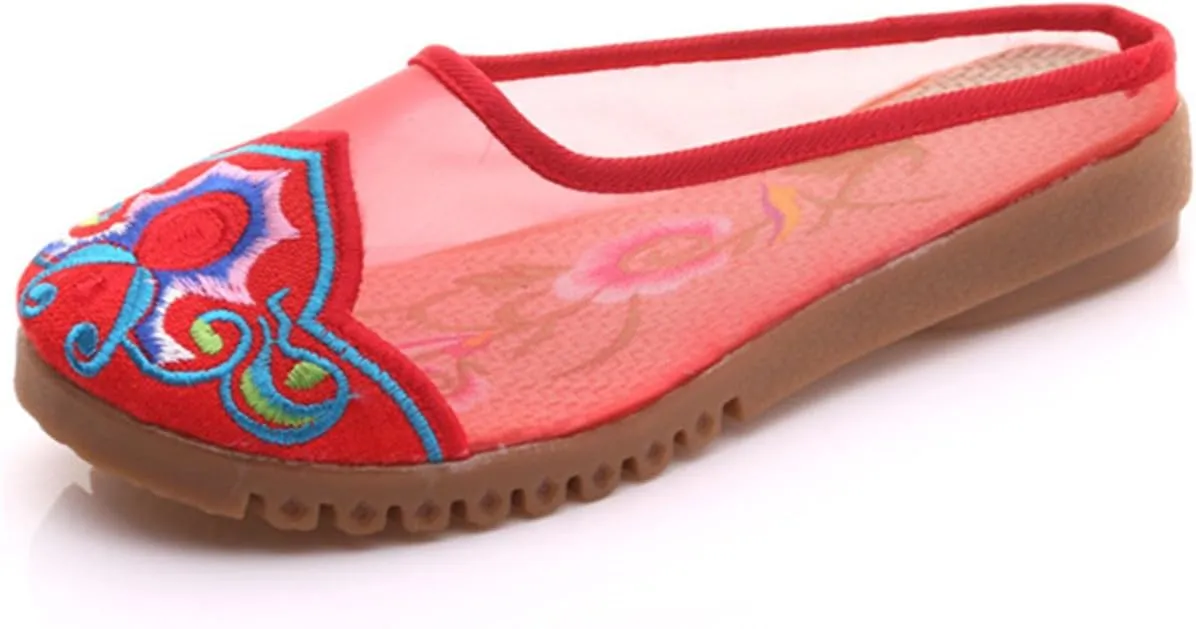 Qhome Women's Chinese Floral Embroidery Net Yarn Silk Comfortable Casual Mules Slippers Shoes