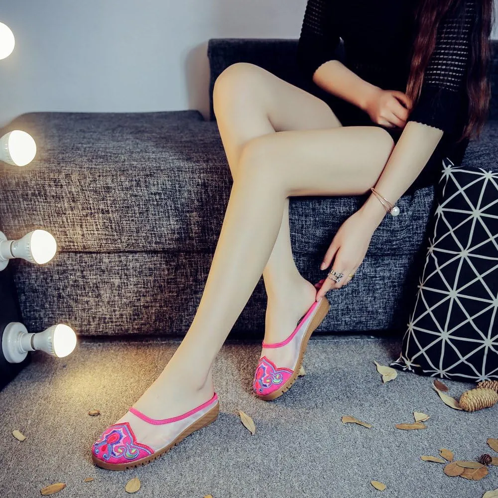 Qhome Women's Chinese Floral Embroidery Net Yarn Silk Comfortable Casual Mules Slippers Shoes