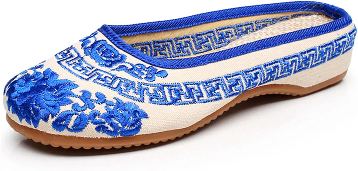 Qhome Womens Chinese Style Embroidery Round Toe Casual Walking Household Canvas Slippers