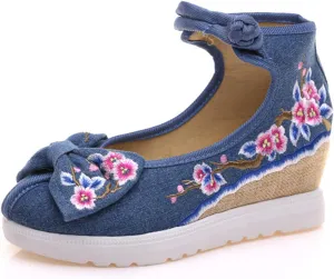 Qhome Women's Floral Embroidery Bowknot Comfortable Casual Walking Canvas Mary Jane Shoes