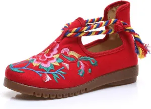 Qhome Women's Peony Floral Embroidery Ethnic Style Strappy Comfortable Casual Walking Canvas Shoes