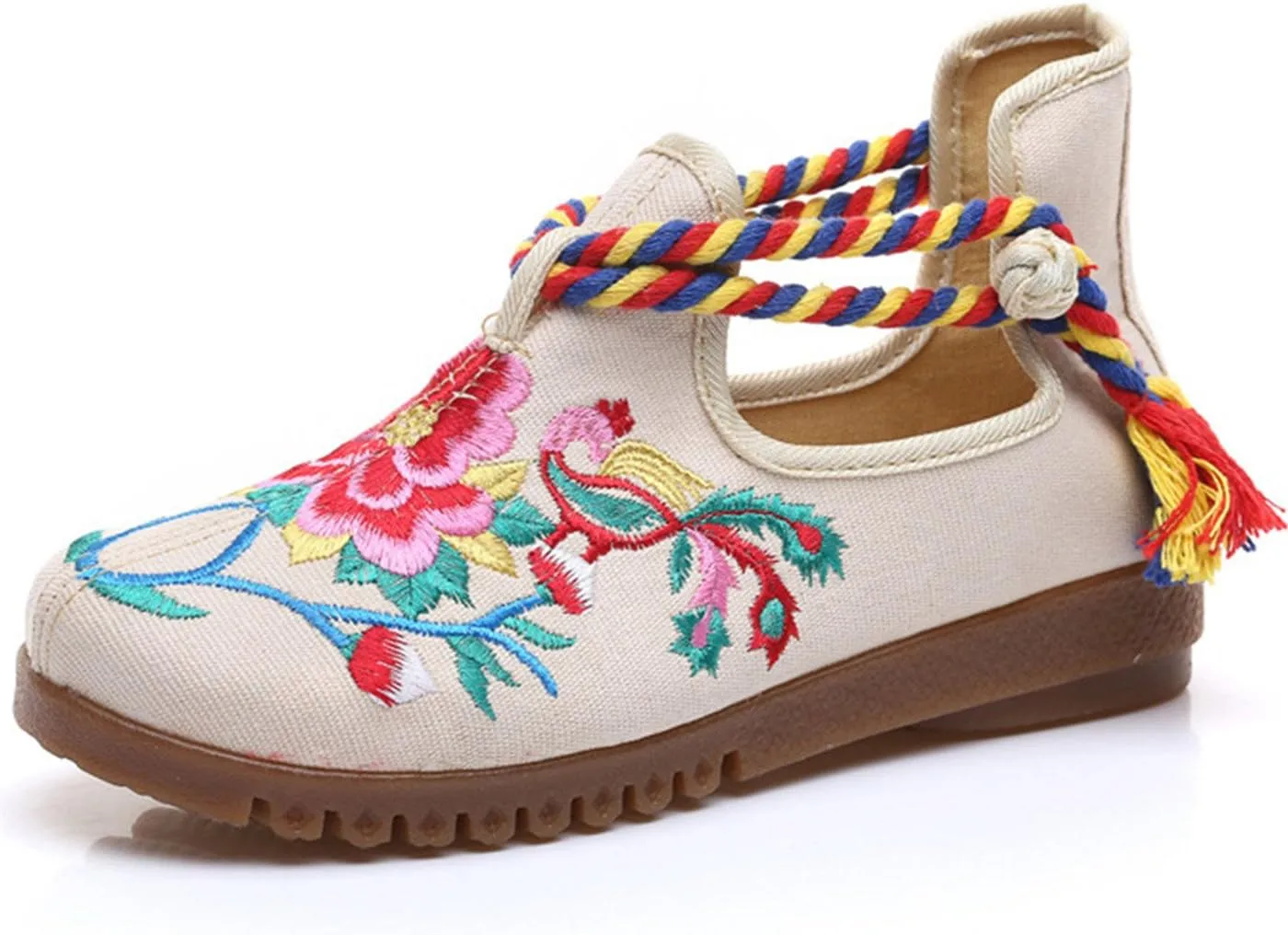 Qhome Women's Peony Floral Embroidery Ethnic Style Strappy Comfortable Casual Walking Canvas Shoes