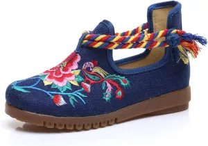 Qhome Women's Peony Floral Embroidery Ethnic Style Strappy Comfortable Casual Walking Canvas Shoes