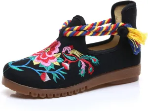 Qhome Women's Peony Floral Embroidery Ethnic Style Strappy Comfortable Casual Walking Canvas Shoes