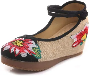 Qianmome Chinese Old Beijing Women's Multicolor Lotus Embroidery Mary Jane Wedges Sandals Shoes