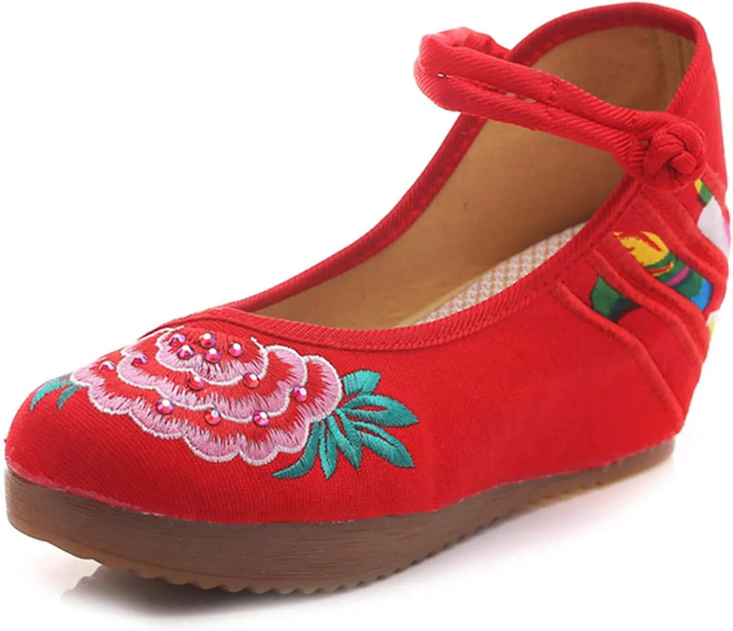 Qianmome Chinese Womens Peony Embroidery Cheongsam Casual Platform Wedges Canvas Mary Jane