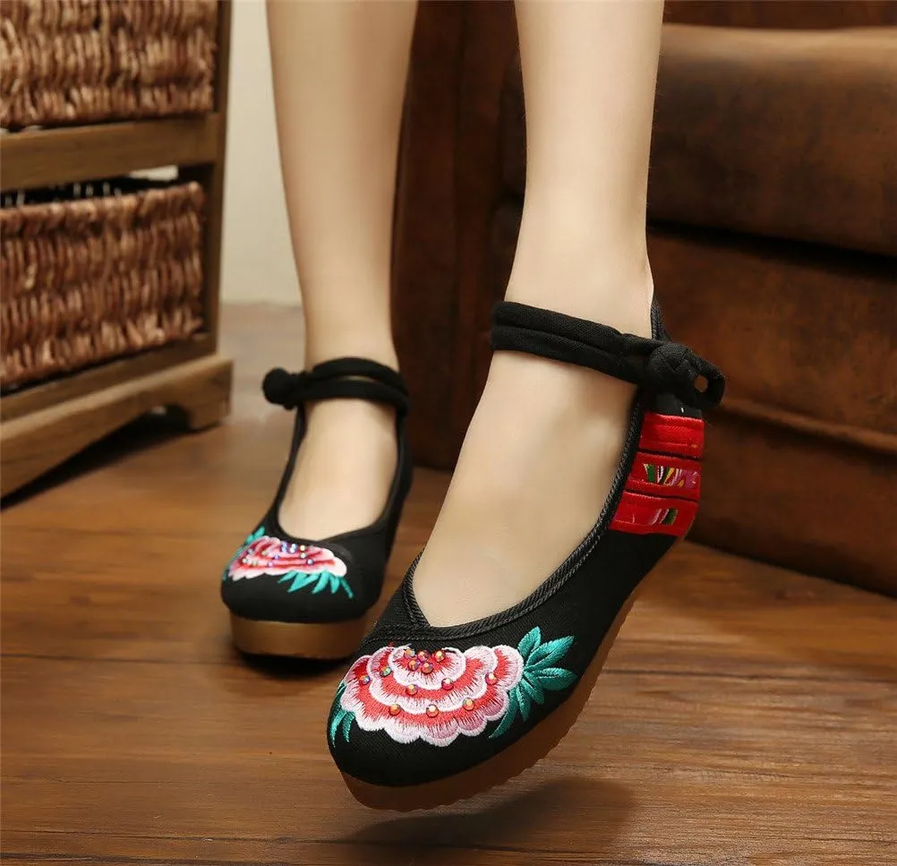 Qianmome Chinese Womens Peony Embroidery Cheongsam Casual Platform Wedges Canvas Mary Jane