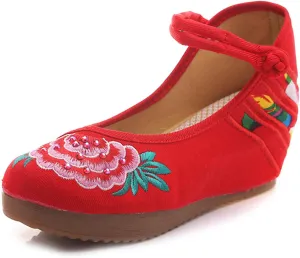 Qianmome Chinese Womens Peony Embroidery Cheongsam Casual Platform Wedges Canvas Mary Jane