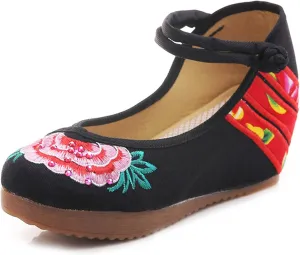 Qianmome Chinese Womens Peony Embroidery Cheongsam Casual Platform Wedges Canvas Mary Jane