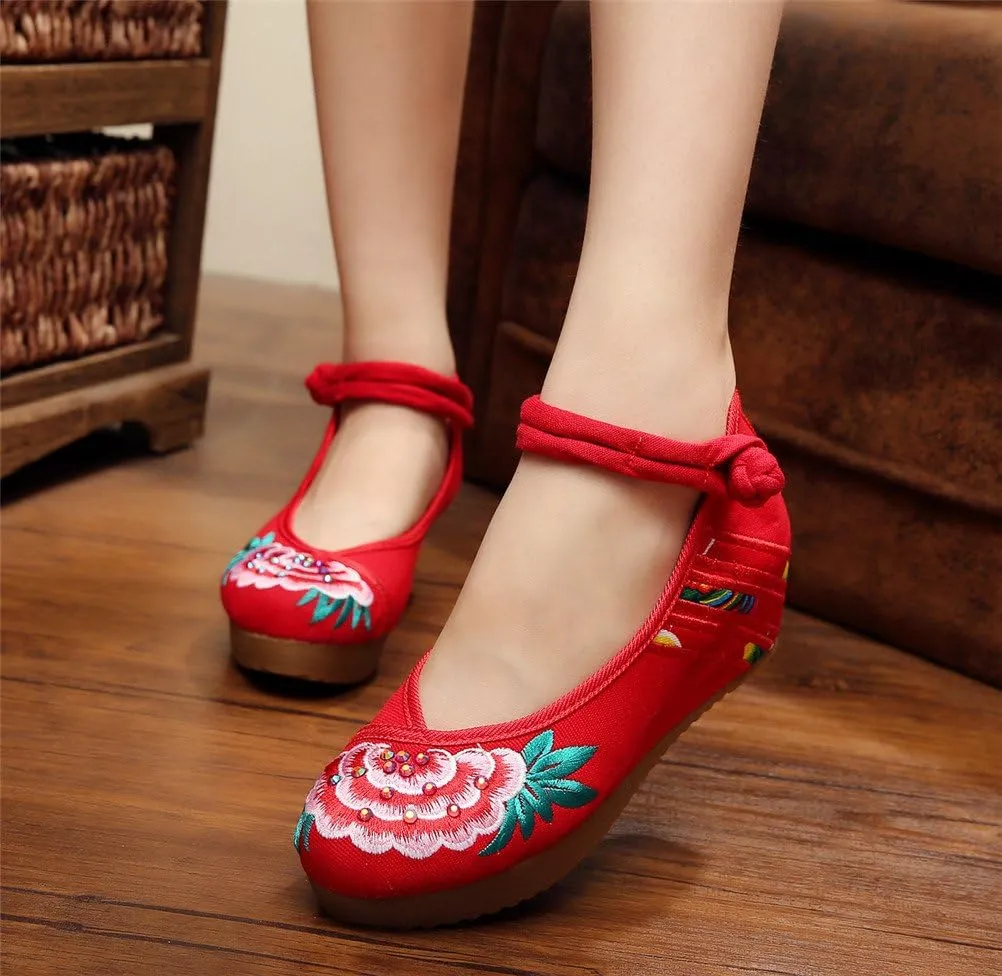 Qianmome Chinese Womens Peony Embroidery Cheongsam Casual Platform Wedges Canvas Mary Jane