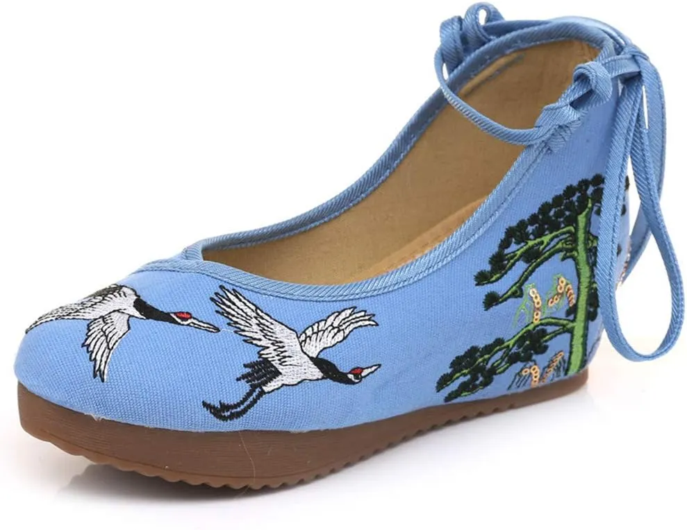 Qianmome Chinese Women's Red-Crowned Crane Embroidery Floral Strappy Round-Toe Platform Wedges