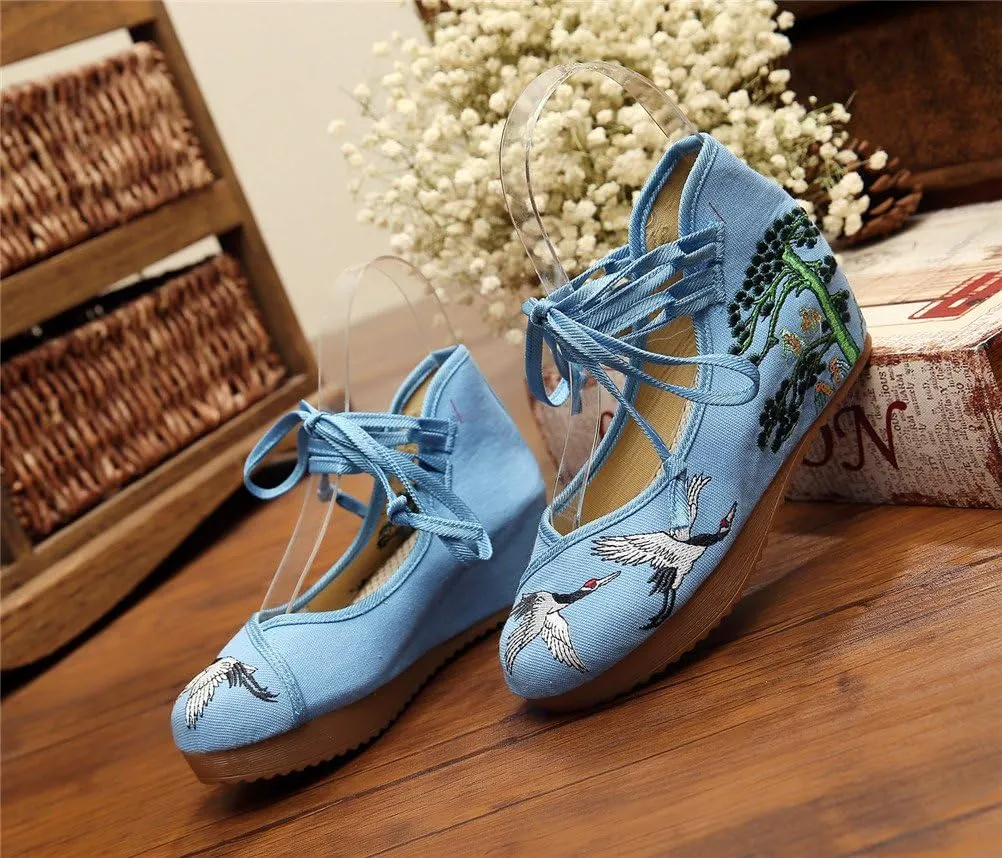 Qianmome Chinese Women's Red-Crowned Crane Embroidery Floral Strappy Round-Toe Platform Wedges