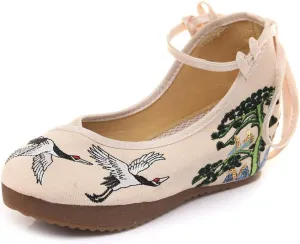 Qianmome Chinese Women's Red-Crowned Crane Embroidery Floral Strappy Round-Toe Platform Wedges