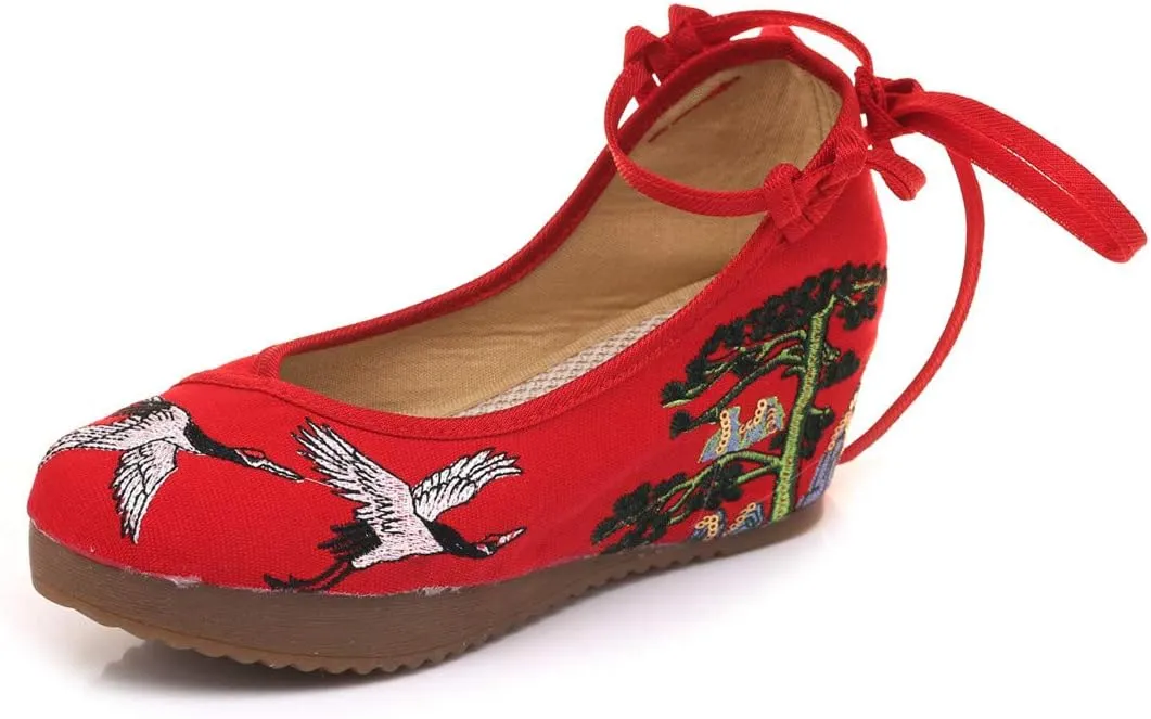 Qianmome Chinese Women's Red-Crowned Crane Embroidery Floral Strappy Round-Toe Platform Wedges