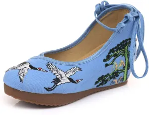 Qianmome Chinese Women's Red-Crowned Crane Embroidery Floral Strappy Round-Toe Platform Wedges