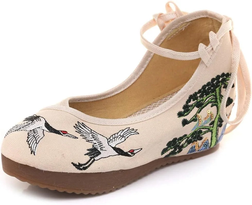 Qianmome Chinese Women's Red-Crowned Crane Embroidery Floral Strappy Round-Toe Platform Wedges