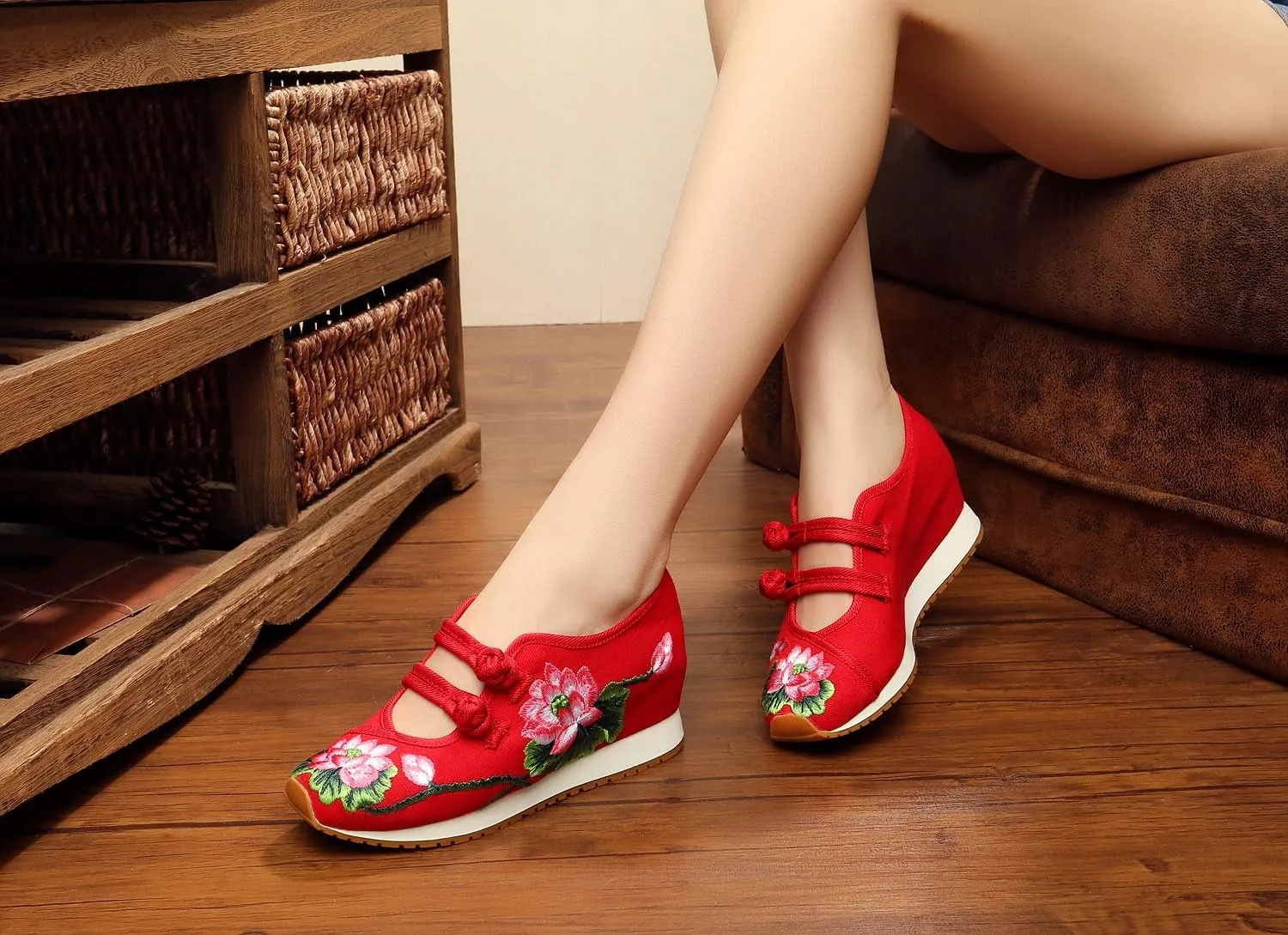 Qianmome Womens Chinese Lotus Embroideried Wedge Heel Cheongsam Canvas Leisure Walking Shoes