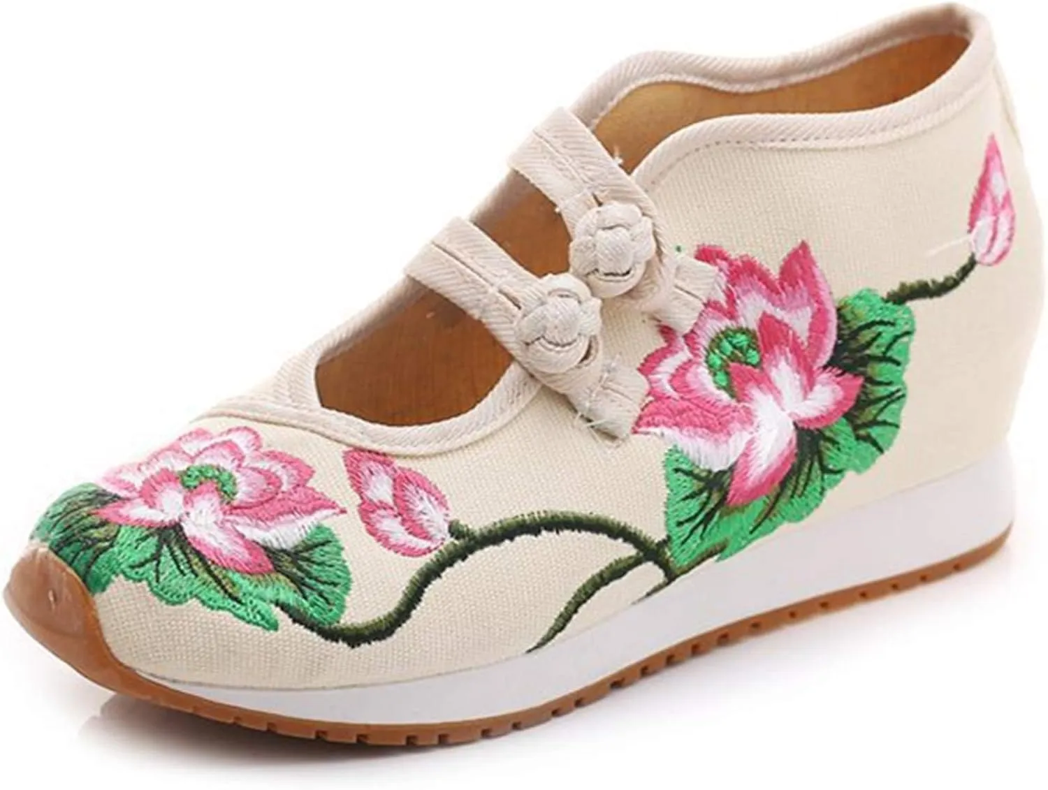 Qianmome Womens Chinese Lotus Embroideried Wedge Heel Cheongsam Canvas Leisure Walking Shoes