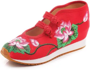 Qianmome Womens Chinese Lotus Embroideried Wedge Heel Cheongsam Canvas Leisure Walking Shoes