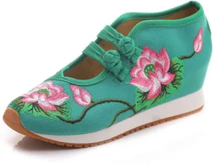 Qianmome Womens Chinese Lotus Embroideried Wedge Heel Cheongsam Canvas Leisure Walking Shoes
