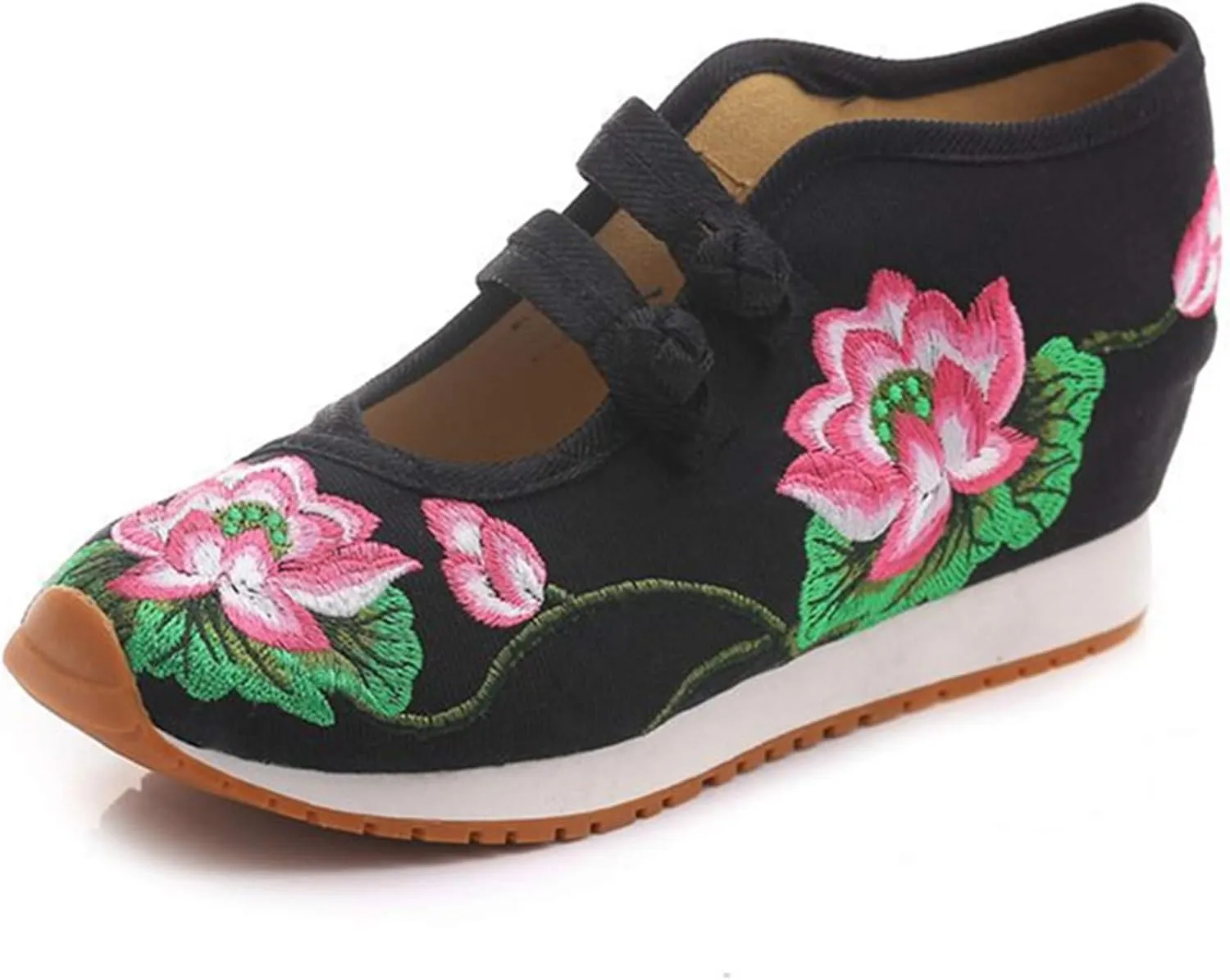 Qianmome Womens Chinese Lotus Embroideried Wedge Heel Cheongsam Canvas Leisure Walking Shoes