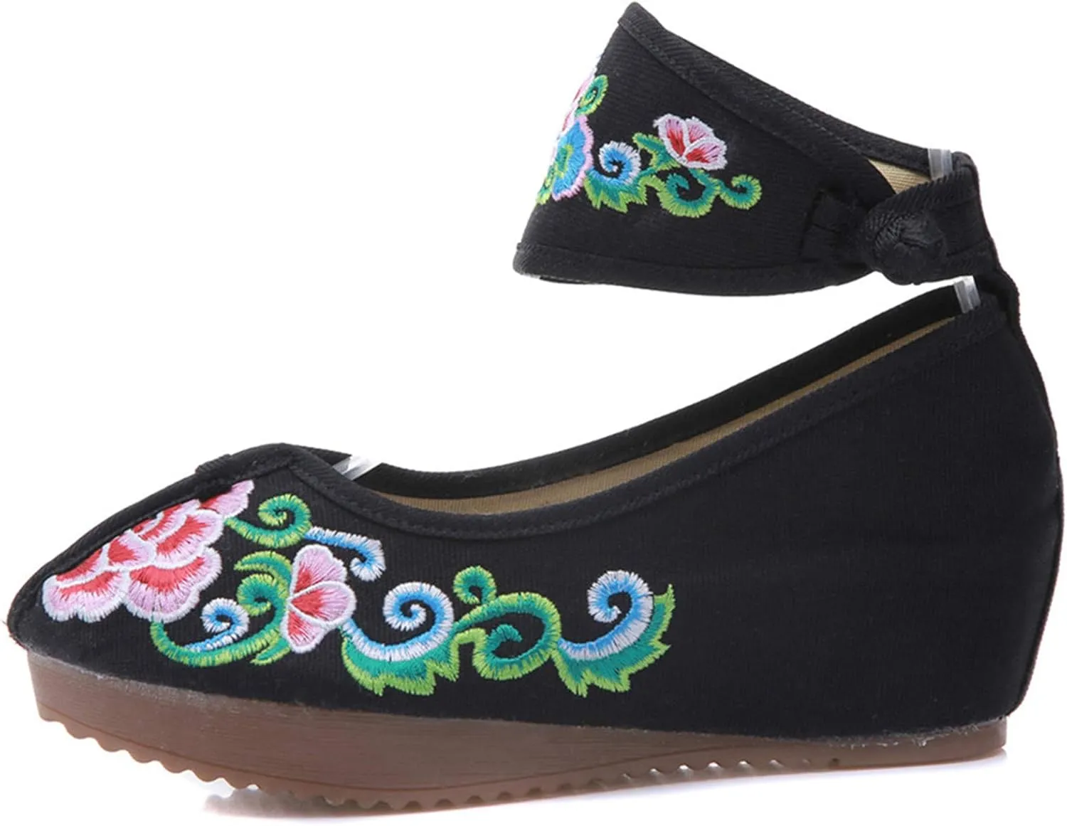 Qianmome Womens Floral Embroidery Ankle Band Platform Canvas Wedge Shoes