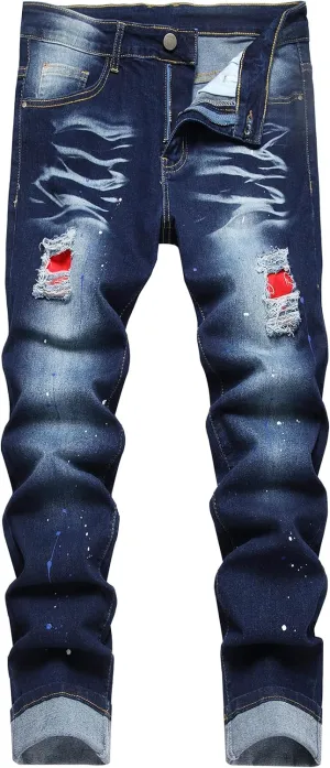 QIMYUM Mens Ripped Jeans, Distressed Destroyed Slim Fit Straight Leg Denim Pants
