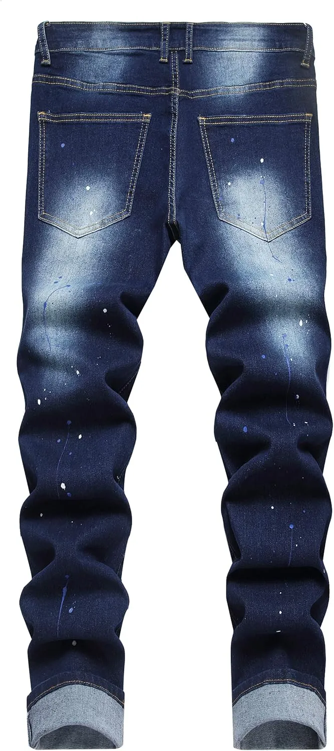 QIMYUM Mens Ripped Jeans, Distressed Destroyed Slim Fit Straight Leg Denim Pants