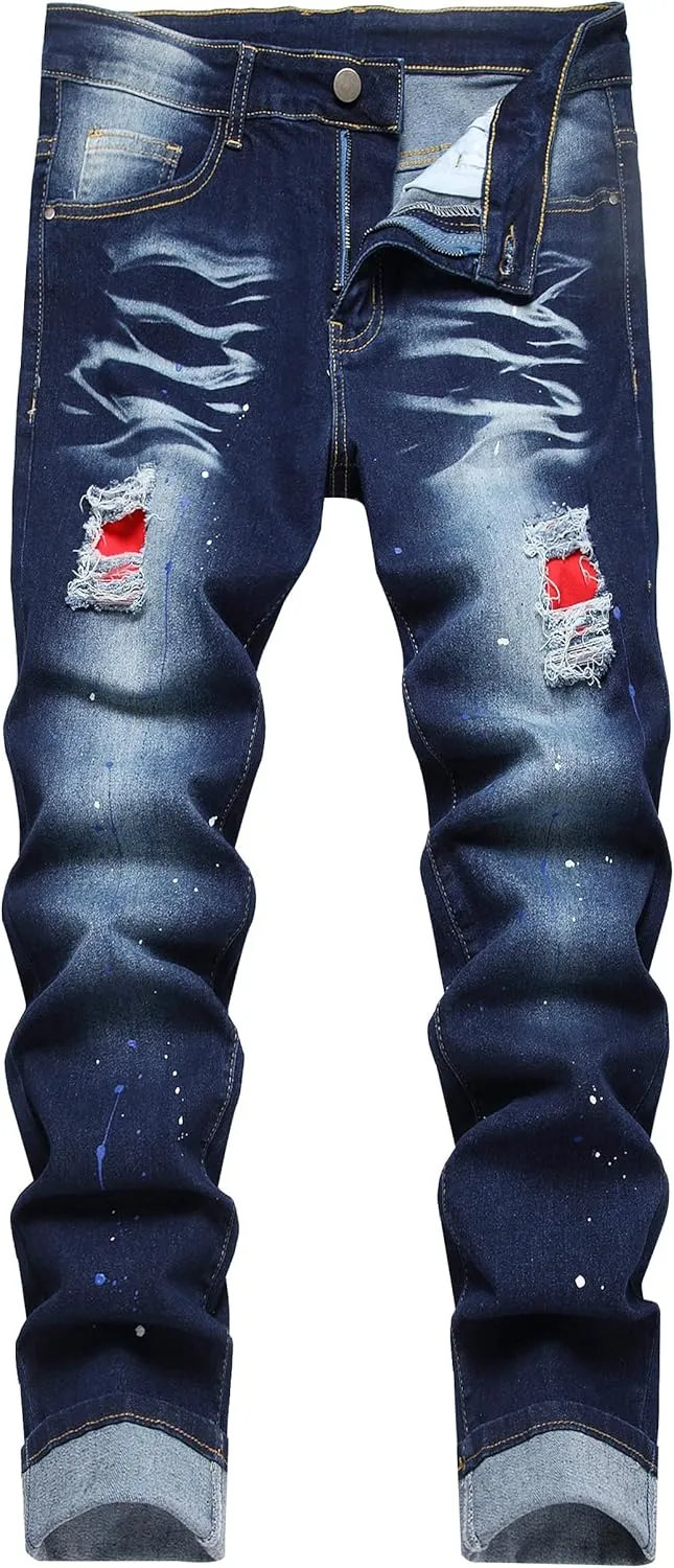 QIMYUM Mens Ripped Jeans, Distressed Destroyed Slim Fit Straight Leg Denim Pants