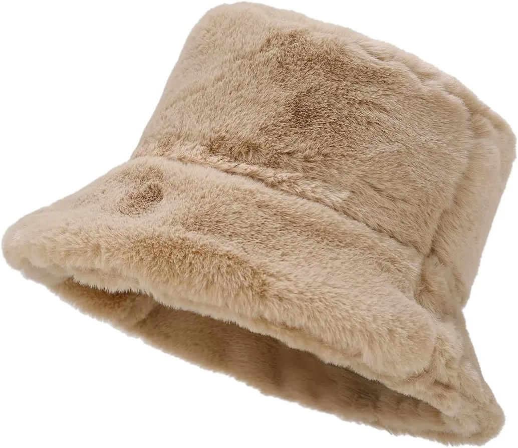 Quanhaigou Winter Faux Fur Bucket Hat,Fuzzy Warm Hat for Women Men, Fluffy Fisherman Cap