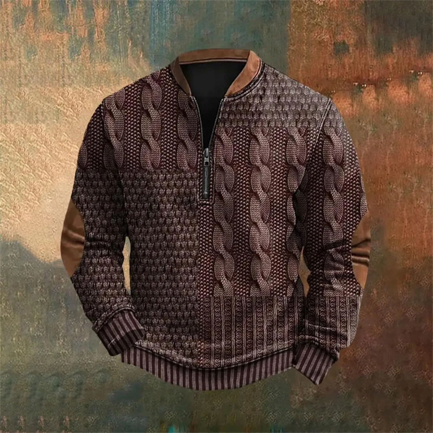 Quarter Zip Sweatshirts for Men Vintage Long Sleeve 3D Knit Pattern Golf Polo Shirts Stand Collar Pullover Sweater
