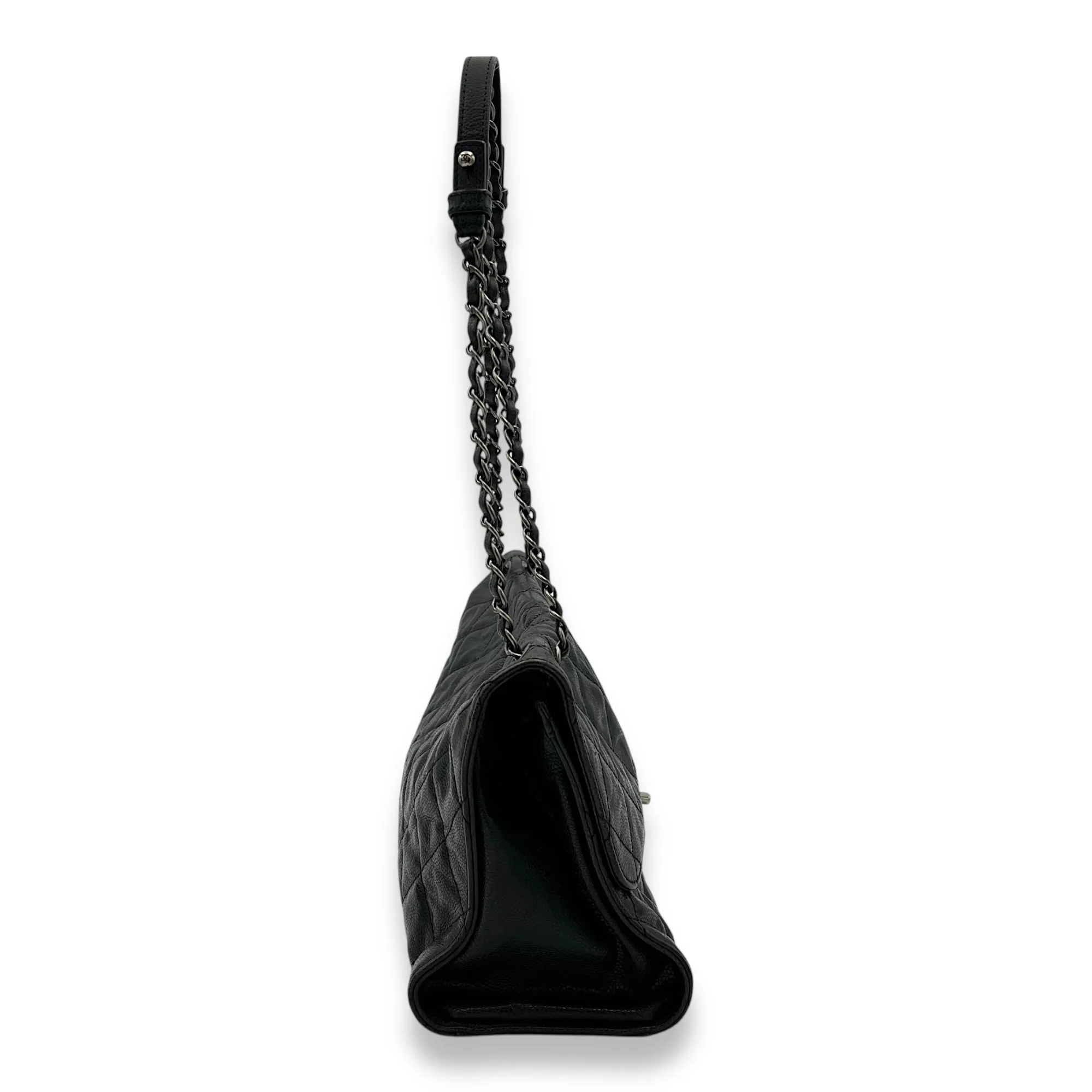 Quilted CC Black Shoulder Bag in Aged Caviar Leather, Ruthenium hardware