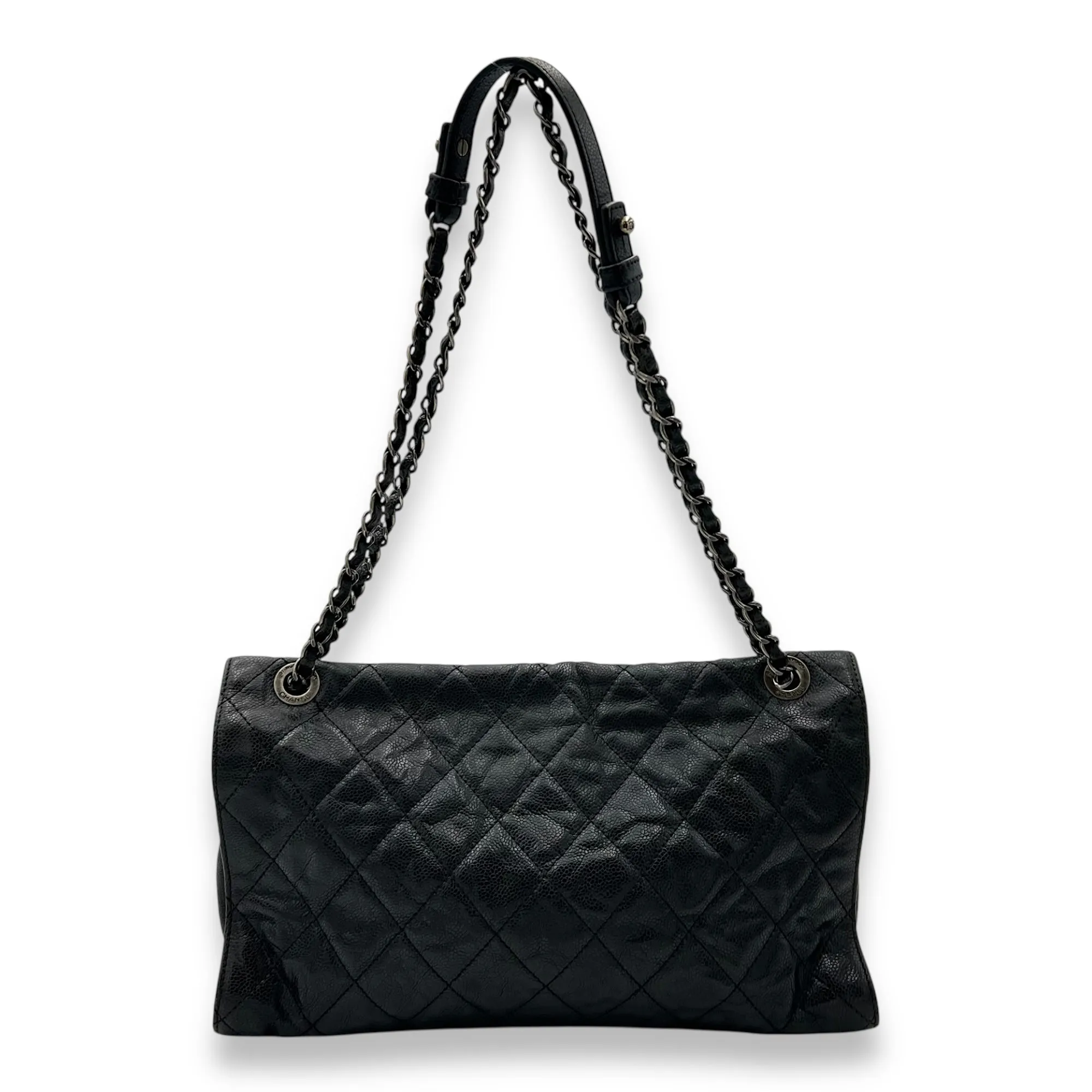 Quilted CC Black Shoulder Bag in Aged Caviar Leather, Ruthenium hardware